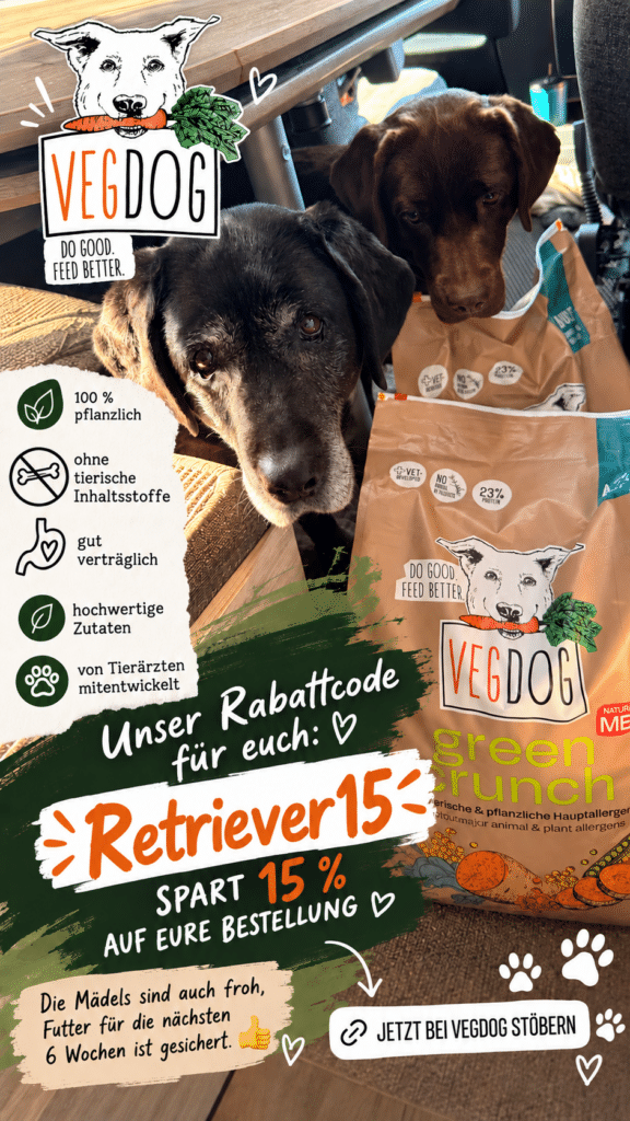 Rabattcode Retriever15 für VEGDOG veganes Hundefutter CampervanRetriever